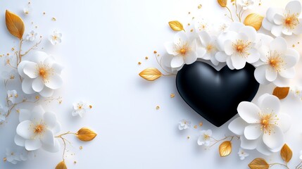 Obraz premium Surrounded by leaves and scattered gold glitter on a white background is an elegant black heart with golden trim