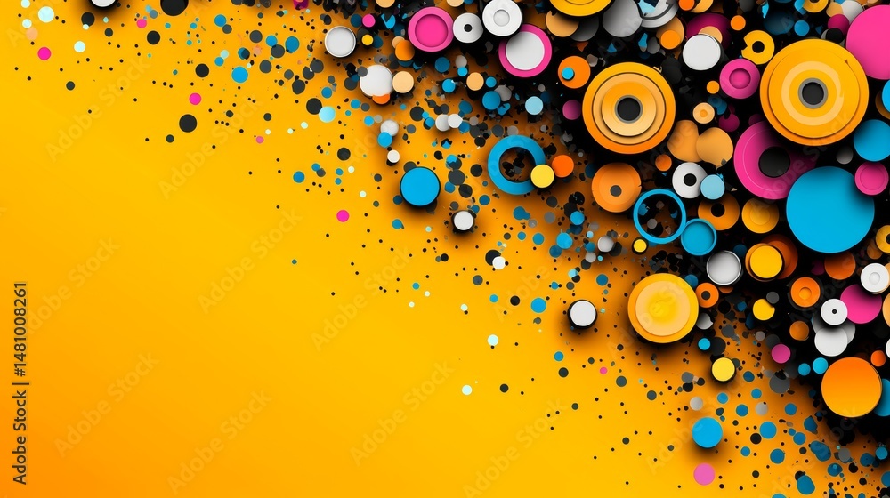 Poster on an abstract background, vibrant colors intersect with geometric shapes like circles and rectangle