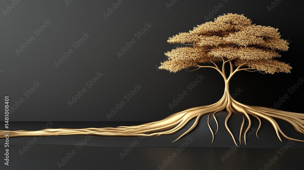 Poster in a digital rendering, a stark dark background serves as the setting for a golden tree with roots t