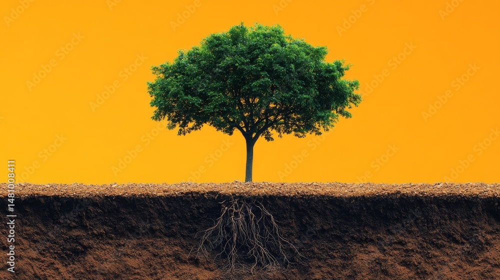 Poster with visible roots and branches, a green tree grows against an orange background that features a tex