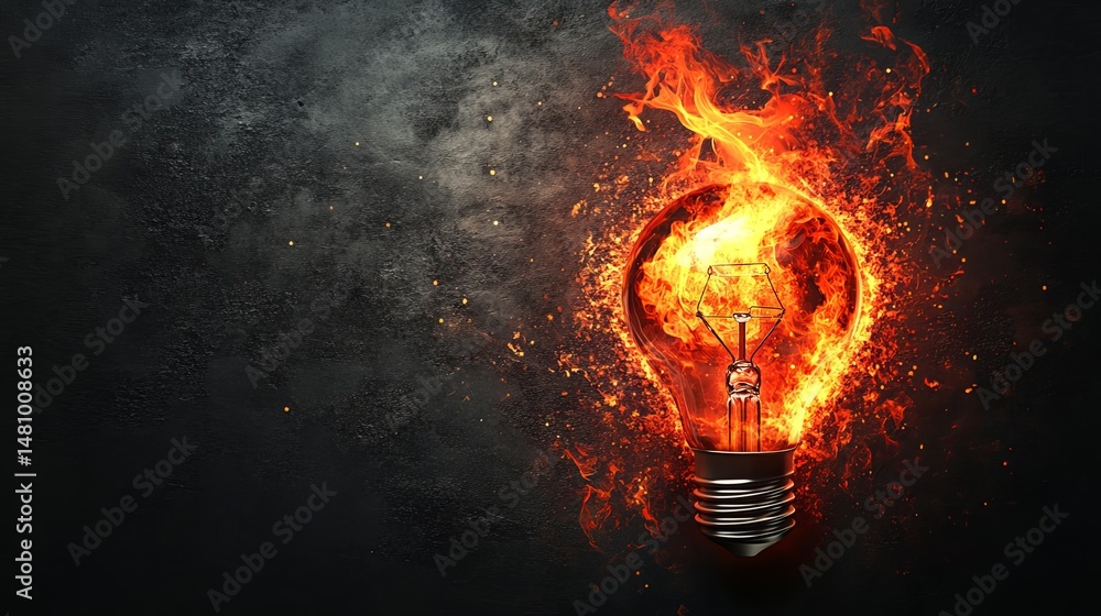 Poster the glowing filament of a lightbulb is engulfed in flames, set against a dark background to create a