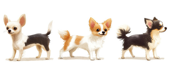 Obraz premium Set of three different small dog breeds standing side by side. Each animal is separately isolated