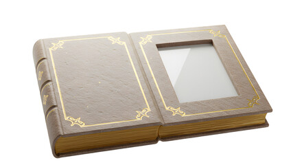 An open vintage photo album with a decorative cover, showcasing a blank frame, set against a neutral background