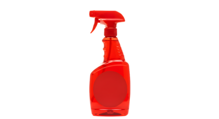Bright red spray bottle for cleaning, isolated on a white background, showcasing its ergonomic design and functionality