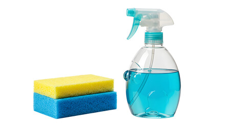 Cleaning supplies featuring a blue spray bottle and sponges, set against a white background, ideal for home cleaning tasks