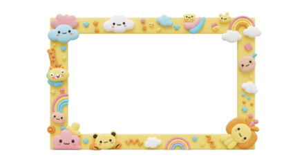 Colorful and whimsical frame featuring cute clouds, animals, and rainbows, perfect for children's photos or invitations