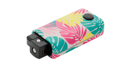 Colorful camera case with tropical design resting on a white surface, perfect for travel photography enthusiasts