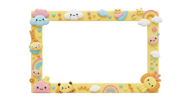 Colorful and whimsical frame featuring cute clouds, animals, and rainbows, perfect for children's photos or invitations