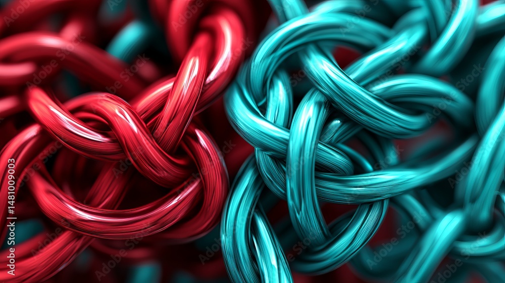 Poster abstract red blue twisted shiny metallic knot background 3d art style lines waves image design