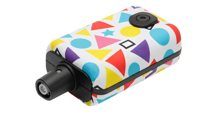 Colorful compact camera with geometric patterns, showcasing vibrant design against a neutral background, ideal for photography enthusiasts