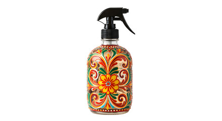 Obraz premium Colorful decorative spray bottle with intricate floral design against a plain background, ideal for home decor or product display