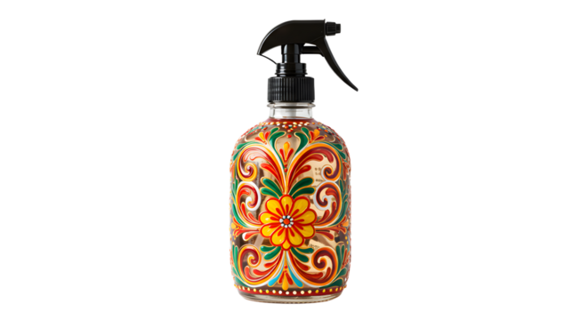 Colorful decorative spray bottle with intricate floral design against a plain background, ideal for home decor or product display