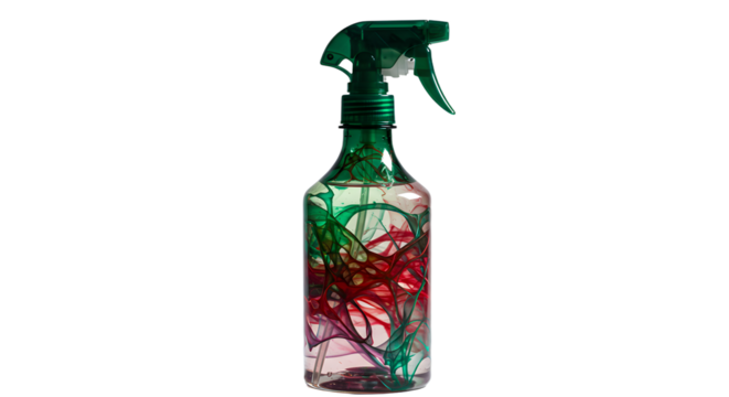Colorful spray bottle with abstract design, set against a plain background, ideal for cleaning or art-related themes