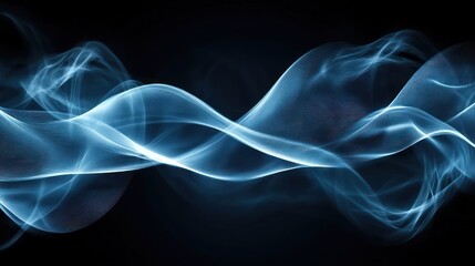 Abstract design of flowing, light blue smoke patterns against a dark background.