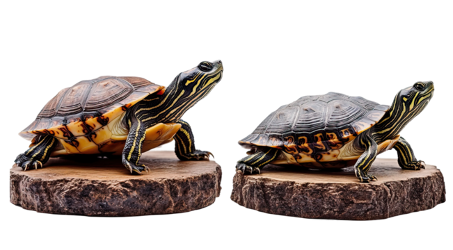Set of different turtle species on basking platforms. Each reptile is separately isolated