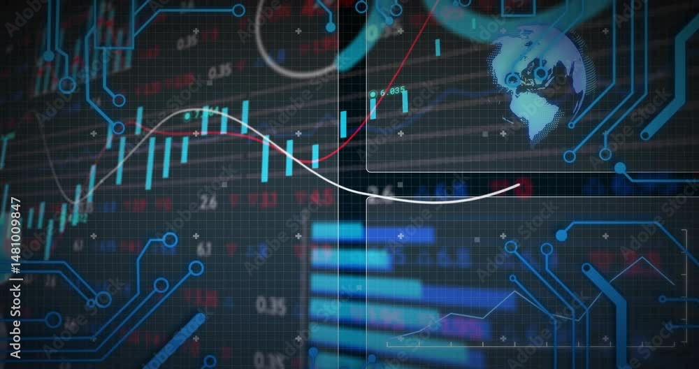 Poster dashboard displaying code snippet, candlestick bars, trend lines and world map over dark grid