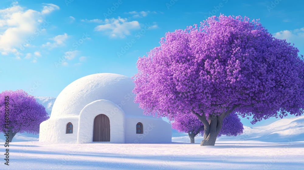Poster a white architectural building is located near indigo trees in a digitally rendered scene with a gra