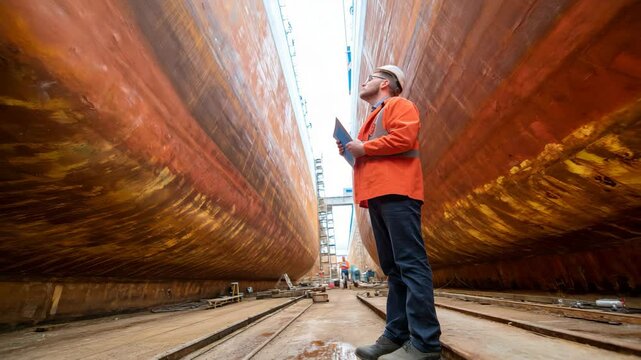 A professional is inspecting ships in a dry dock with towering vessels on either side, showcasing the intricate details of the shipbuilding and construction process.
