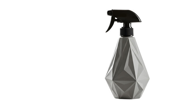 Modern geometric spray bottle design in a minimalist setting, emphasizing its unique shape and functionality for cleaning tasks