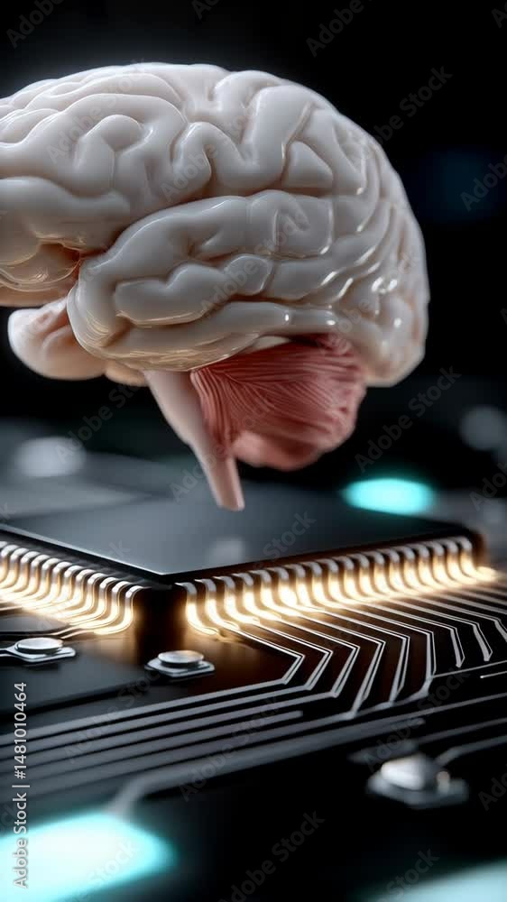 Poster brain connecting with computer processor, artificial intelligence concept. human brain interaction w