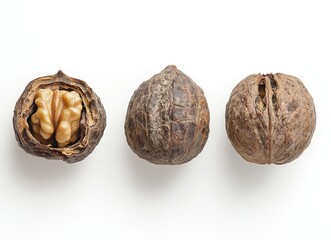 Three Walnuts on White Background One Open, One Whole, One Partially Cracked