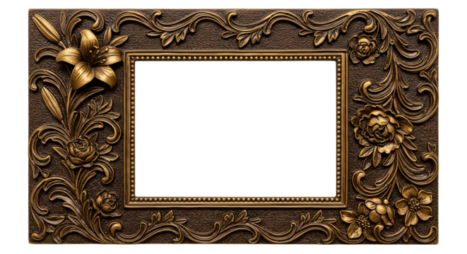 Ornate vintage frame featuring intricate floral designs with a blank center, ideal for displaying cherished memories or artwork