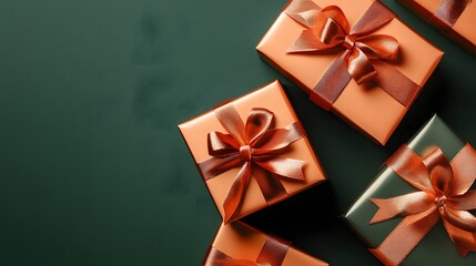 Elegant Gift Boxes with Orange Ribbons on Dark Green Background