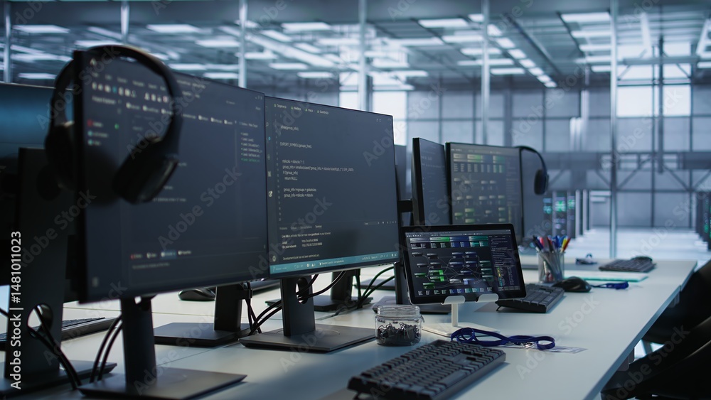 Poster electronic devices in empty data center establishment monitoring hardware energy consumption. pc mon
