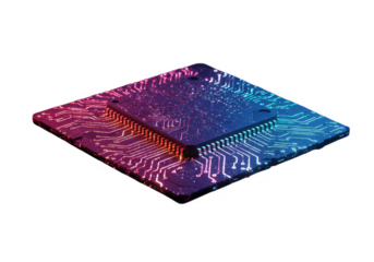 Computer chip with colorful circuit design isolated on transparent background