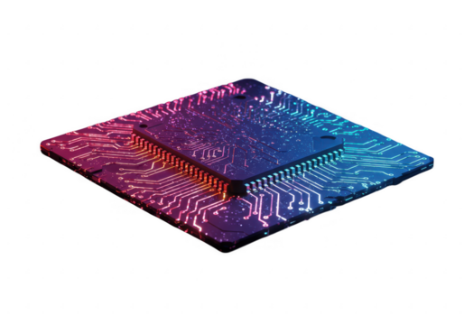 Computer chip with colorful circuit design isolated on transparent background