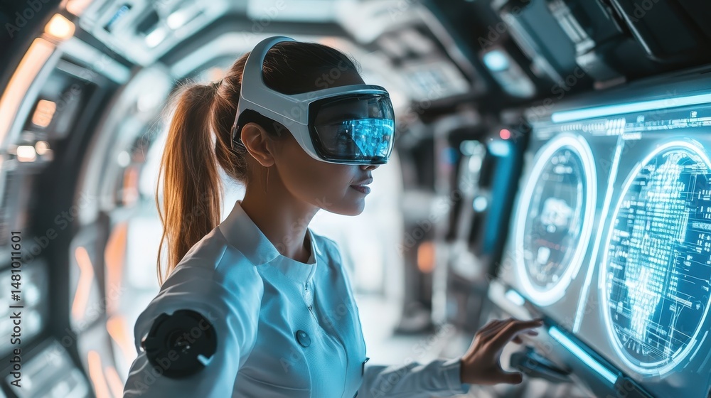 Poster focused individual uses futuristic interface in a technological space.