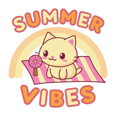  Cartoon cat enjoying summer vibes on a beach towel with a fan and stars in a cute illustration