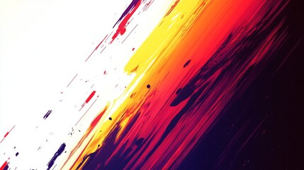 Across a white canvas, an abstract artwork showcases vibrant strokes of pink, yellow, orange, and purple paint that have been splattered