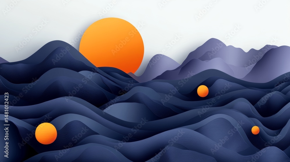 Poster floating spheres are set against a brilliant background amidst an undulating design of layered shape