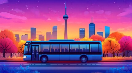 Colorful buildings and trees that line the horizon are complemented by the sight of a bus travelling on a teal road, with birds flying in the sky above