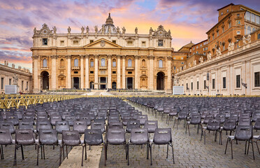 Vatican City. Holy See. Dome of St. Peters Basil cathedral at Saint peters Square. Evening sunset. Rome, Italy.