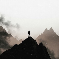 silhouette of man on top of mountain in Chinese watercolor style as as sign of being successful and conquer everyting
