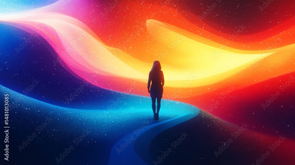 Poster a single person strolls under a kaleidoscopic abstract edifice with gentle illumination and a reflec