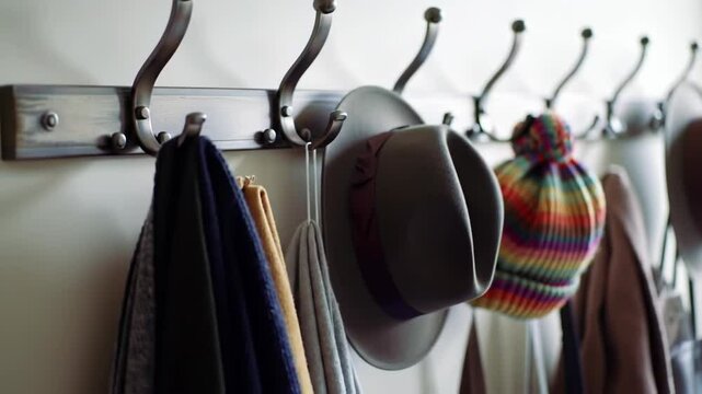 Hats and coats hanging on a row of wall hooks