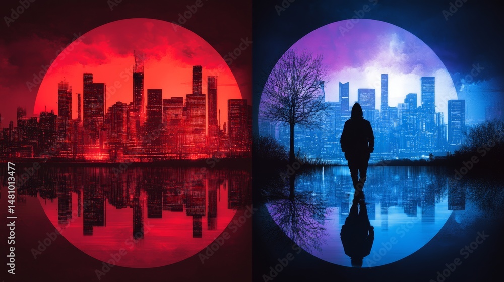 Poster under a sky of multiple colors and between columns that are perfectly symmetrical, a figure in silho