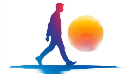 Fototapeta premium A silhouette of a man wearing a backpack is shown walking near a house beneath a vibrant gradient sky in this image