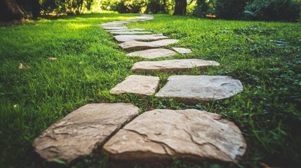 Stone path through lush green grass nature walkway serenity journey