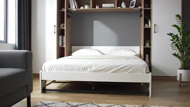 Modern murphy bed in bright apartment, space saving