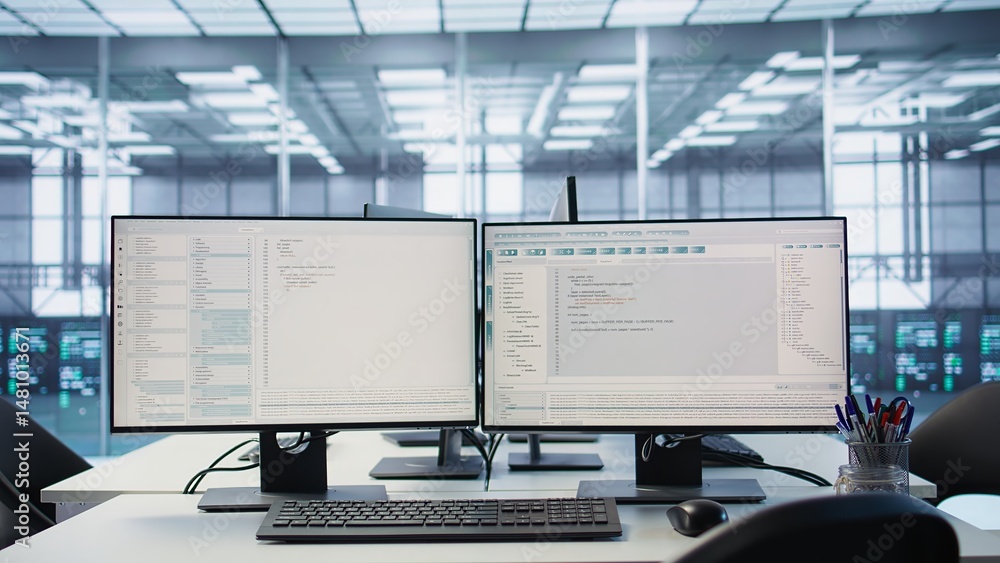 Poster computers in empty high tech data center establishment monitoring hardware energy consumption. pc mo