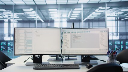 Naklejka premium Computers in empty high tech data center establishment monitoring hardware energy consumption. PC monitors on desk used for checking potential system failures in server room, panning shot