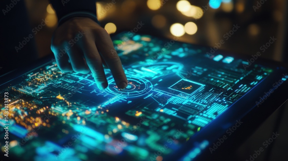Poster close-up view of a person interacting with a futuristic touch screen.