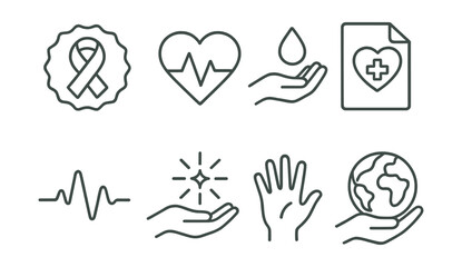 Line style icons of awareness symbols and visuals: red ribbon for blood badge, heart pulse tag, hand with drop icon, healing heart file, life flow line, give symbol with spark, legacy handprint,