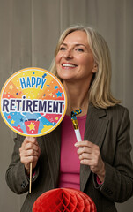 Fototapeta premium Smiling mature woman celebrates retirement with a 'Happy Retirement' sign and a trumpet. Joy for the new chapter of life
