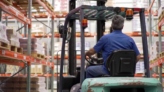 Man driving forklift in warehouse
