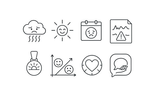 Line style icons of mental health vocabulary: anxiety cloud tag, joy burst icon, sad day symbol, panic wave file, hope light badge, fear and courage chart, resilient heart icon, support-seeking